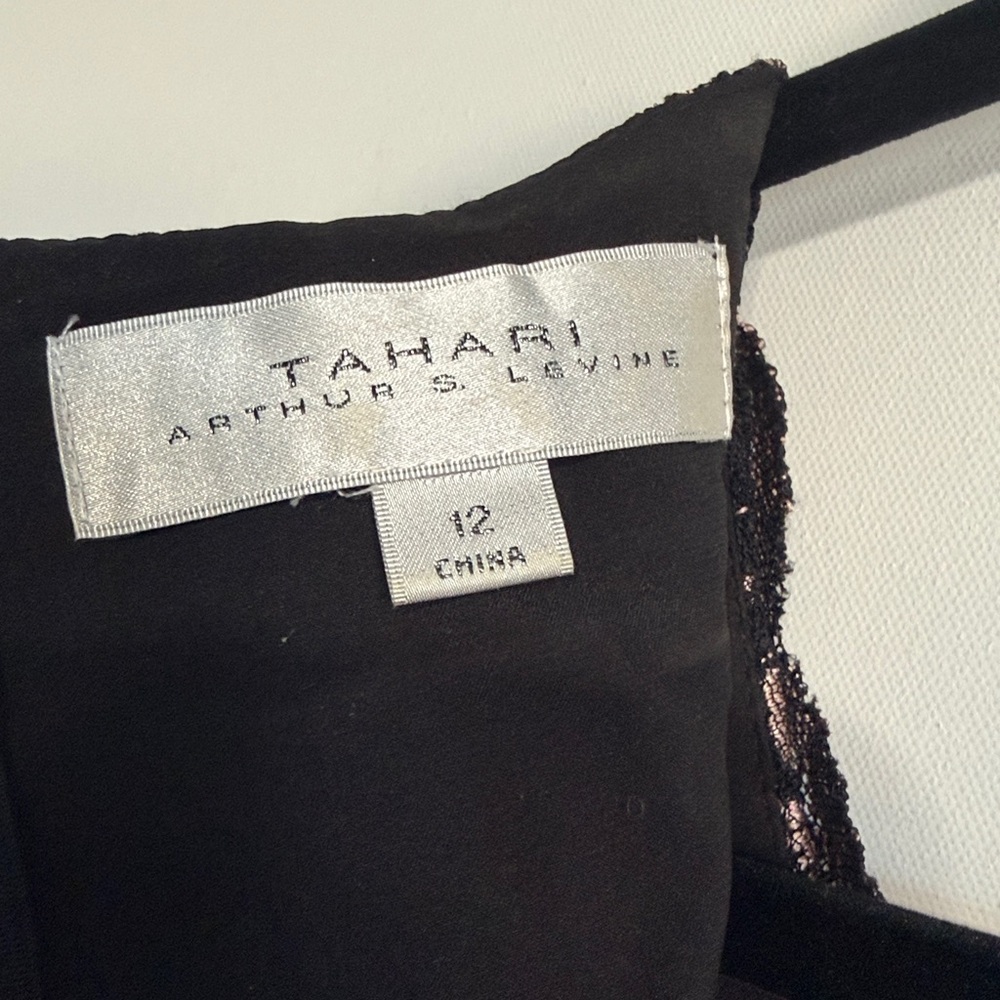 Tahari Arthur S. Levine Black Floral Lace Gown Champagne Lining Size 12 - Picture 6 of 12